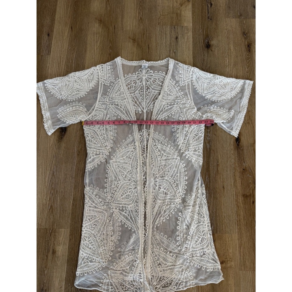 Boho Lace Duster Medallion Mesh Kimono Cardigan Women L-XL Cream Sheer Cover Up - Picture 4 of 9